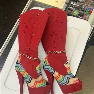 Red Suede Women's Boots with Multicolor Pattern